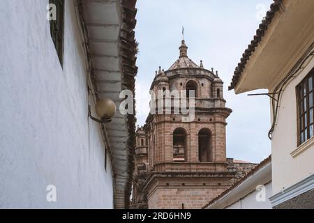 view to Catholic Cathedral dome from city street in Cusco, Peru Stock Photo