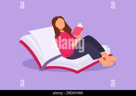 Character flat drawing young female reading, learning and sitting on open big book. Smart student studying in library. Literature fans, booklover, edu Stock Photo