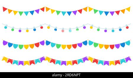 Carnival bunting garland with flags colorful flat set. Rainbow colors pennants flag lantern bulb birthday gender party celebration seamless banner fiesta border holiday header divider frame isolated Stock Vector