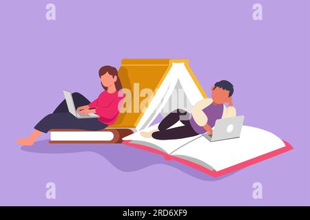 Cartoon flat style drawing smart couple with laptop computer leaning on pile of book together. Freelance, distance learning, online courses. Man and w Stock Photo