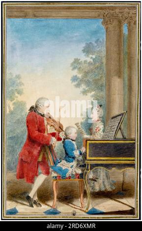 The Mozart family. Wolfgang Amadeus Mozart (1756-1791) playing in Paris with his father Jean-Georg-Léopold Mozart (1719-1787) and his sister Maria-Anna Mozart (1751-1829), portrait painting in watercolour and gouache by Louis Carrogis Carmontelle, 1763 Stock Photo