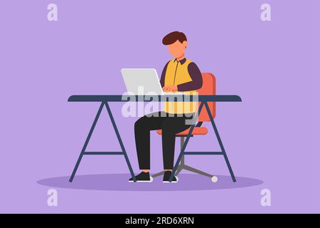 Cartoon flat style drawing businessman working on laptop in office. Success entrepreneur typing on computer keyboard. Manager, worker, boss, financier Stock Photo