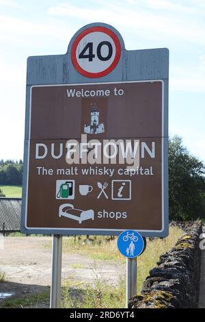 Welcome to Dufftown - The Malt Whisky Capital sign Dufftown Scotland  July 2023 Stock Photo