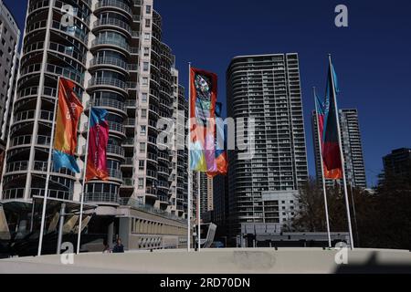 Sydney, Australia. 19th July 2023. Flags advertising the FIFA Women's World Cup 2023 which begins on the 20th July, jointly hosted by Australia and New Zealand. Credit: Isabel Infantes/Empics/Alamy Live News Stock Photo