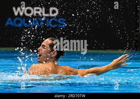 Fukuoka, Japan. 19th July, 2023. Dennis Gonzales Boneu of Spain competes in the Solo Free Men Final during the 20th World Aquatics Championships at the Marine Messe Hall A in Fukuoka (Japan), July 19th, 2023. Credit: Insidefoto di andrea staccioli/Alamy Live News Stock Photo