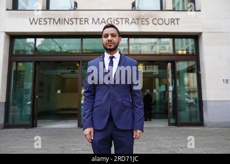 Activist Sayed Ahmed Alwadaei, who was allegedly racially abused by Beckenham MP Bob Stewart, outside Westminster Magistrates' Court, London. Mr Stewart is appearing at the court charged with a racially aggravated public order offence after an incident outside the Foreign Office's Lancaster House on December 14 last year. Picture date: Wednesday July 19, 2023. Stock Photo