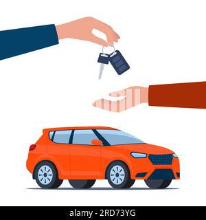 Dealer hand giving keys chain to a buyer hand. Red modern Suv car, side view. Buying or renting a car. Vector illustration Stock Vector