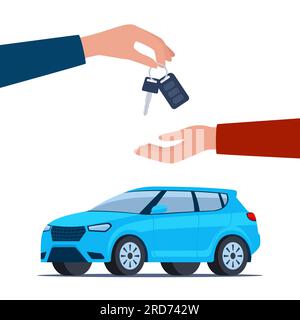 Dealer hand giving keys chain to a buyer hand. Blue modern Suv car, side view. Buying or renting a car. Vector illustration Stock Vector