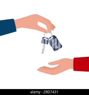 Dealer hand giving keys chain to a buyer hand. Buying or renting a car. Vector illustration Stock Vector