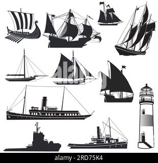 Lighthouse with ships and sailing ships isolated on white, illustration Stock Vector