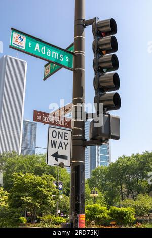 Traffic Lights At East Adams Street And S. Michigan Ave In Chicago USA Traffic Signals One Way Street Sign, Stock Photo