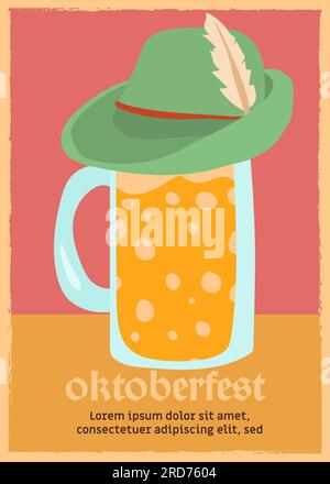 geen bavarian hat above beer glass. oktoberfest vintage poster vector illustration Stock Vector