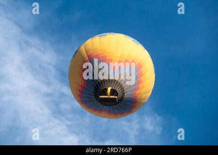 Low angle view of firing up Hot air balloon  Cappadocia Turkey. Baloon firing in the sky while flying Stock Photo