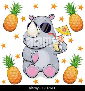 Cute cartoon rhinoceros with black sunglasses and lemonade. Summer animal vector illustration with pineapples and stars on white background. Stock Vector