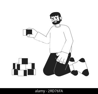 Happy bearded father playing with constructor cubes monochromatic flat vector character Stock Vector