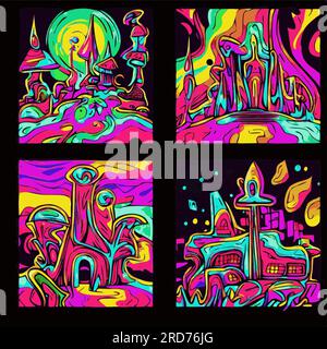 Psychedelic houses resembling drug mushrooms. fantasy set in acidic colors. bright faded style on dark background. Stock Vector