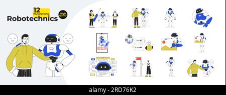 Robotechnics flat line concept vector spot illustrations bundle Stock Vector