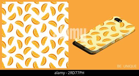 Modern smartphone in unique case decorated seamless pattern with slices of orange. Slices of orange. Isometric top view. Vector ornament for design of Stock Vector