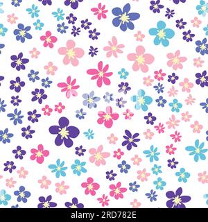 Seamless meadow pattern with flowers with pink, lavender, blue, purple chamomile flower and leaves. Childish, feminine, gentle Stock Vector