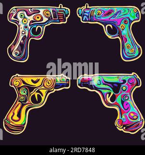 Psychedelic acid guns in rainbow colors. fantasy world guns. set of crazy unique drug style guns Stock Vector