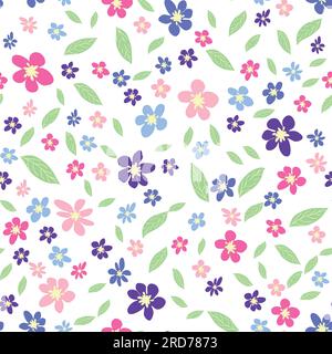 Seamless meadow pattern with flowers with pink, lavender, blue, purple chamomile flower and leaves. Childish, feminine, gentle Stock Vector