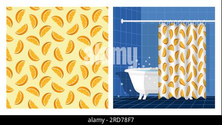 Bathroom interior with bathtub and curtain decorated seamless pattern with slices of orange. Slices of orange. Vector illustration, ornament for desig Stock Vector