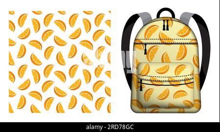 Children school backpack decorated seamless pattern with slices of orange. Slices of orange. Vector ornament for design of posters and printing on tex Stock Vector
