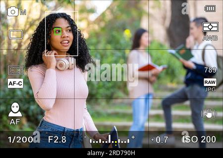 Screen or camera viewfinder with the photographic settings of a portrait photo Stock Photo