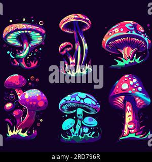 psychedelic acid hallucinogenic mushrooms set magic lsd plant world on a dark background Stock Vector