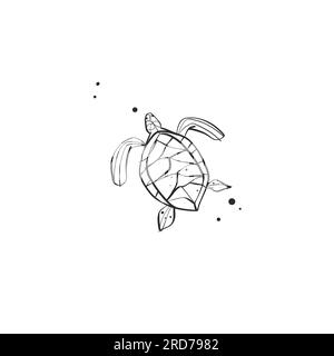 Hand drawn vector abstract simple minimalistic line art graphic drawing tropical underwater turtle icon sign isolated.Summer sea turtle modern design Stock Vector