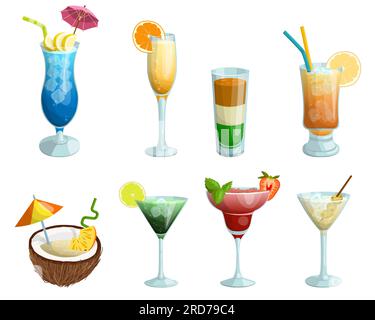 A set of tropical cocktails. Blue lagoon, mimosa, pina colada, martini, etc. Vector illustration on a white background Stock Vector