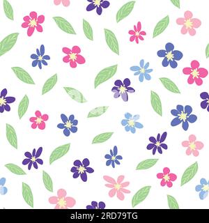 Seamless meadow pattern with flowers with pink, lavender, blue, purple chamomile flower and leaves. Childish, feminine, gentle Stock Vector