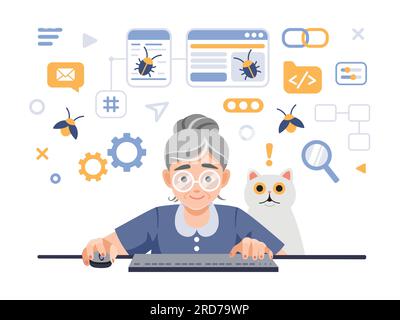 Programmer tester female character cartoon illustration. Elderly Software tester at computer, finding program bugs. QA, testing, debugging concept. Flat vector illustration isolated on white Stock Vector