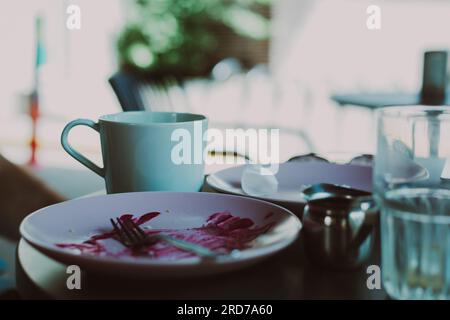 Empty dirty dishes after dinner Stock Photo