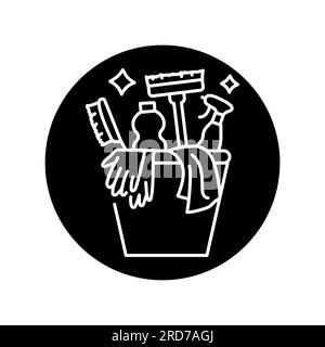 Bucket with cleaning supplies black line icon. Cleaning company. Pictogram for web page, mobile app, promo. Stock Vector