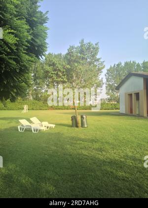 Building and deck chairs in a lawn on a sunny day Stock Photo - Alamy