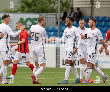 Cove Rangers FC, Balmoral Stadium, Cove, Aberdeen, UK. 18th July, 2023. This is from the Viaply Cup game between Cove Rangers FC and Clyde FC. PICTURE CONTENT - COVE - RUMARN BURRELL Credit: JASPERIMAGE/Alamy Live News Stock Photo