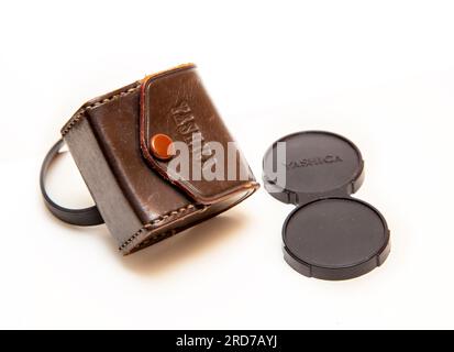 Lens cap and lens hood case of a Yashica 24, a Japanese made twin lens reflex tlr camera built around 1967, using 220 film. Stock Photo