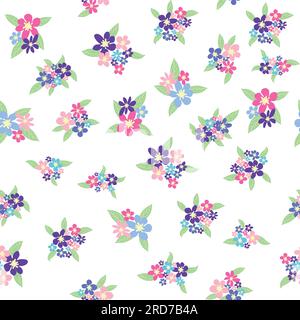 Seamless meadow pattern with flowers with pink, lavender, blue, purple chamomile flower and leaves. Childish, feminine, gentle Stock Vector