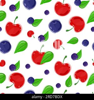 Summer berry pattern with green leaves, red cherries and blue blueberries in different sizes. Vector. Seamless. Isolated. Stock Vector