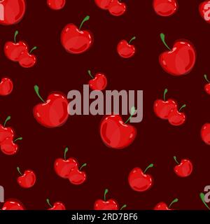 Juicy cherry pattern on burgundy background with red berries of different sizes. Seamless. Summer. Vector Stock Vector