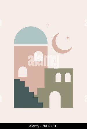 Moroccan architecture elements and moon poster illustration Stock Vector