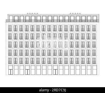 Contour detailed multi-storey building in flat style. Multi storey building vector sign, symbol, vector illustration. Front view. Stock Vector