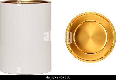 Luxury white cylindrical cardboard box with golden lid isolated from background. Top view of the metal cover. Gift packaging template for tea, coffee, Stock Vector