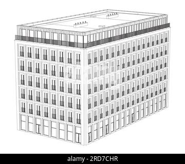 Contour detailed multi-storey building in flat style. Multi storey building vector sign, symbol, vector illustration. Isometric view. Stock Vector