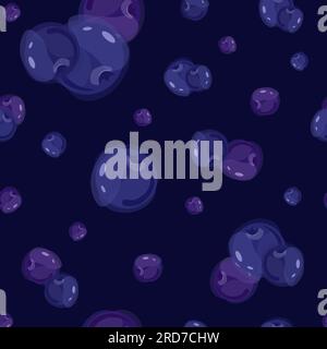 Juicy blueberry pattern on dark blue background with blue berries of different sizes. Seamless. Summer. Vector Stock Vector