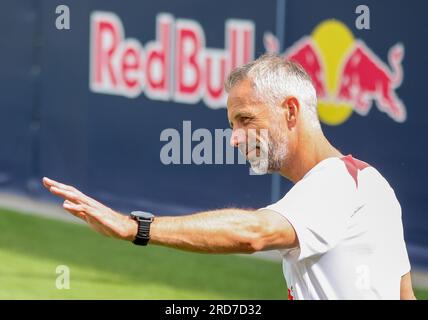 Leipzig, Germany. 19th July, 2023. Soccer, Bundesliga, RB Leipzig: Public training session at the Red Bull Academy. Leipzig coach Marco Rose comes to the training session. Credit: Jan Woitas/dpa/Alamy Live News Stock Photo