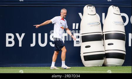 Leipzig, Germany. 19th July, 2023. Soccer, Bundesliga, RB Leipzig: Public training session at the Red Bull Academy. Leipzig coach Marco Rose leads the training session. Credit: Jan Woitas/dpa/Alamy Live News Stock Photo