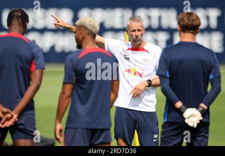 Leipzig, Germany. 19th July, 2023. Soccer, Bundesliga, RB Leipzig: Public training session at the Red Bull Academy. Leipzig coach Marco Rose leads the training session. Credit: Jan Woitas/dpa/Alamy Live News Stock Photo
