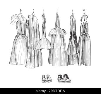 Girls' Long Peasant Dress contour, vector flat sketch fashion template. Technical Fashion Illustration. Empire Waist Dress. Stock Vector